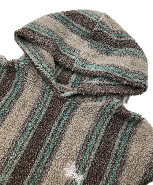 stussy（ステューシー）stussy (ステューシー) Stripe Sherpa Hoodie グリーン×ベージュ サイズ:XLの古着・服飾アイテム