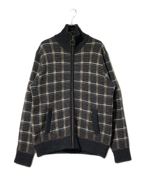 Paul Stuart（ポールスチュアート）Paul Stuart (ポールスチュアート) バルキーウールミックスチェックフルジップニットブルゾン ブラウン×ブラック サイズ:48の古着・服飾アイテム
