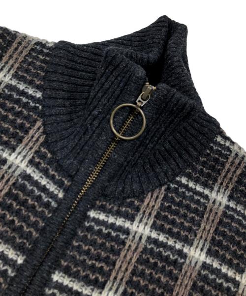 Paul Stuart（ポールスチュアート）Paul Stuart (ポールスチュアート) バルキーウールミックスチェックフルジップニットブルゾン ブラウン×ブラック サイズ:48の古着・服飾アイテム