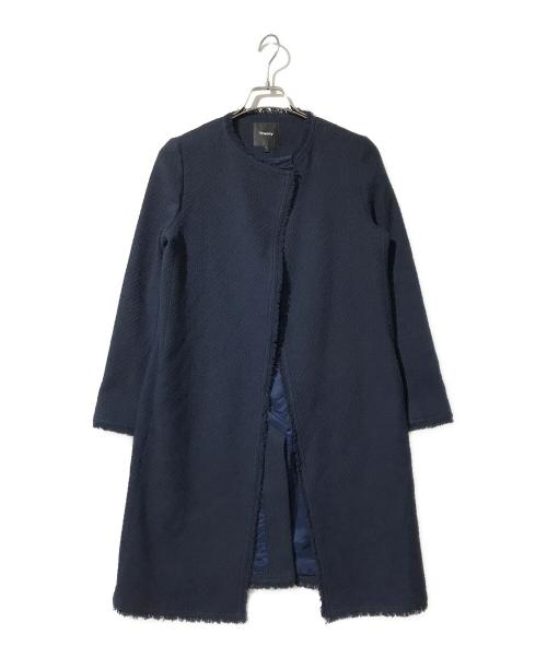 theory（セオリー）theory (セオリー) BASKT.TWEED CREWNECK.COAT　（バスケット　ツイード　クラウンネック　コート） ネイビー サイズ:Pの古着・服飾アイテム