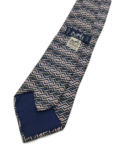 HERMES（エルメス）HERMES (エルメス) シルクネクタイ ネイビー×ベージュ サイズ:Ｆの古着・服飾アイテム