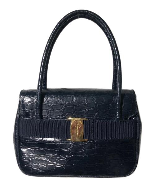 Salvatore Ferragamo（サルヴァトーレ フェラガモ）Salvatore Ferragamo (サルヴァトーレ フェラガモ) ヴァラクロコ型押し2WAYバッグ ネイビーの古着・服飾アイテム