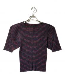 PLEATS PLEASE（プリーツプリーズ）の古着「プリーツボーダーカットソー」｜レッド×ネイビー