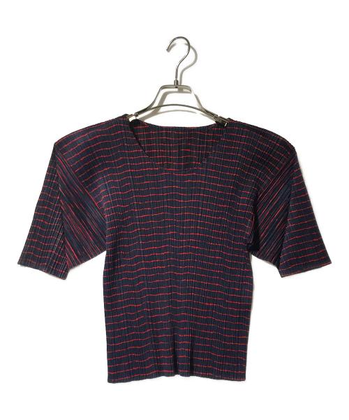 PLEATS PLEASE（プリーツプリーズ）PLEATS PLEASE (プリーツプリーズ) プリーツボーダーカットソー レッド×ネイビー サイズ:3の古着・服飾アイテム