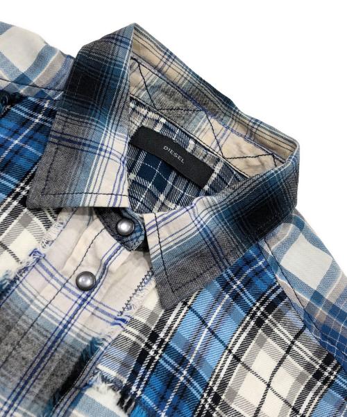 DIESEL（ディーゼル）DIESEL (ディーゼル) パッチワーク長袖シャツ ブルー サイズ:Sの古着・服飾アイテム