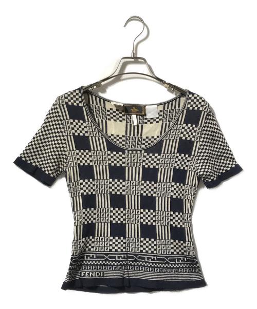 FENDI（フェンディ）FENDI (フェンディ) オールドスッカ柄半袖ニット ネイビー×ベージュ サイズ:36の古着・服飾アイテム