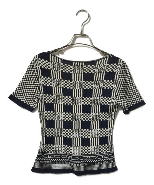 FENDI（フェンディ）FENDI (フェンディ) オールドスッカ柄半袖ニット ネイビー×ベージュ サイズ:36の古着・服飾アイテム