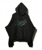 stussyステューシー）の古着「SATIN PATCH HOODIE」｜ブラック