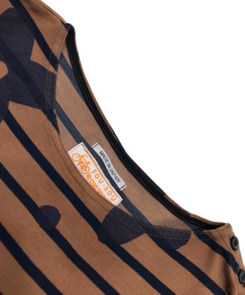SOU・SOU（ソウソウ）SOU・SOU (ソウソウ) le coq sportif (ルコックスポルティフ) フラワーボーダーワンピース/長袖ワンピース ネイビー×ブラウン サイズ:Sの古着・服飾アイテム
