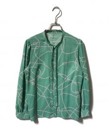 MACKINTOSH LONDON（マッキントッシュ ロンドン）の古着「ローププリントブラウス/柄ブラウス/ボウタイブラウス」｜グリーン