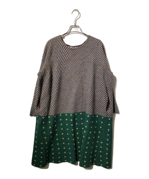 45R（フォーティファイブ・アール）45R (フォーティファイブ・アール) ウールポートネックワンピース グリーン×ブラウンの古着・服飾アイテム