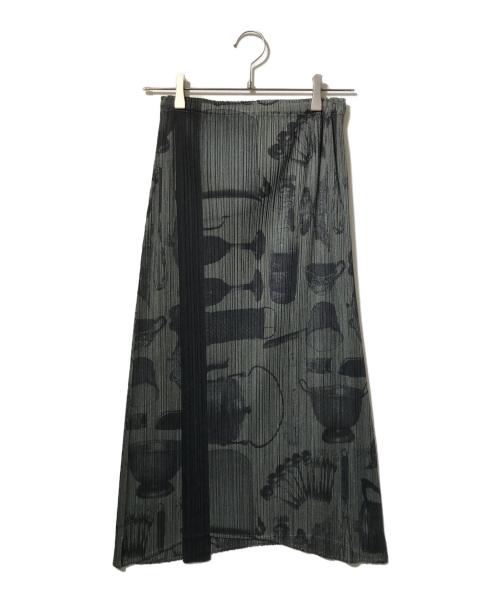 PLEATS PLEASE（プリーツプリーズ）PLEATS PLEASE (プリーツプリーズ) カトラリー柄転写プリーツスカート グレー サイズ:2の古着・服飾アイテム