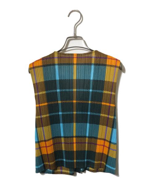 PLEATS PLEASE（プリーツプリーズ）PLEATS PLEASE (プリーツプリーズ) 転写プリーツベスト ブルー×イエロー サイズ:3の古着・服飾アイテム