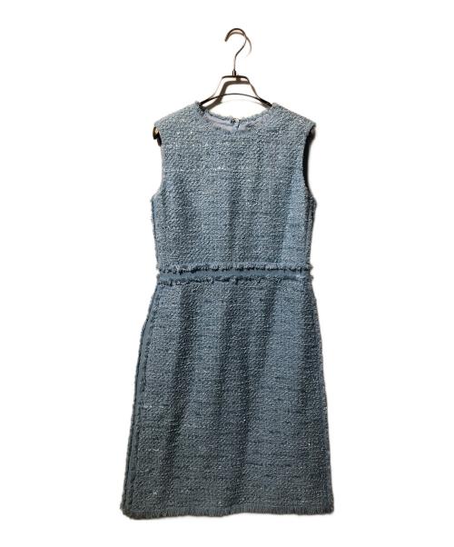 LANVIN COLLECTION（ランバンコレクション）LANVIN COLLECTION (ランバンコレクション) ツイードノーカラージャケットセットアップ ブルー サイズ:40の古着・服飾アイテム