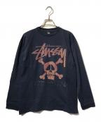 stussyステューシー）の古着「スカルプリントカットソ/クルーネック長袖カットソー」｜ネイビー