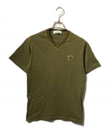 STONE ISLAND（ストーンアイランド）の古着「フロントロゴVネック半袖カットソー/ショートスリーブTシャツ」｜カーキ