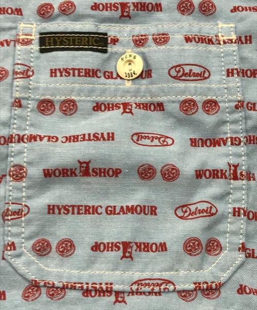 Hysteric Glamour（ヒステリックグラマー）Hysteric Glamour (ヒステリックグラマー) ロゴ総柄S/Sワークシャツ/半袖シャツ ブルー サイズ:Mの古着・服飾アイテム