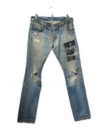 Hysteric Glamour（ヒステリックグラマー）の古着「スタッズダメージ加工ワッペンデニムパンツ」｜インディゴ