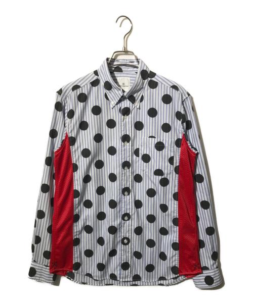 uniform experiment（ユニフォームエクスペリメント）uniform experiment (ユニフォームエクスペリメント) メッシュ切替ドットプリントストライプシャツ ブルー×レッド サイズ:2の古着・服飾アイテム