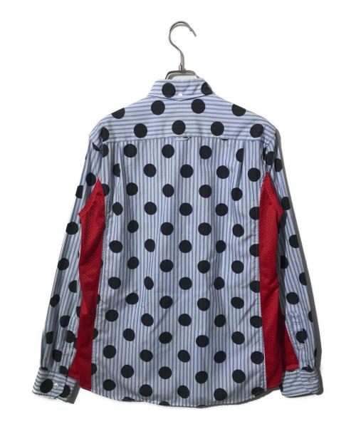 uniform experiment（ユニフォームエクスペリメント）uniform experiment (ユニフォームエクスペリメント) メッシュ切替ドットプリントストライプシャツ ブルー×レッド サイズ:2の古着・服飾アイテム
