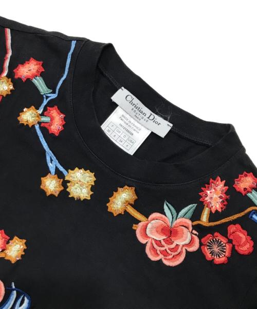 Christian Dior（クリスチャン ディオール）Christian Dior (クリスチャン ディオール) 花柄刺繍 スパンコール Tシャツ/カットソー ブラック サイズ:36の古着・服飾アイテム