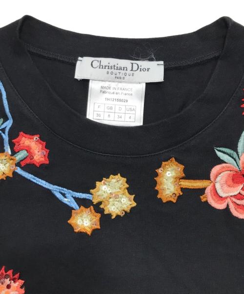 Christian Dior（クリスチャン ディオール）Christian Dior (クリスチャン ディオール) 花柄刺繍 スパンコール Tシャツ/カットソー ブラック サイズ:36の古着・服飾アイテム
