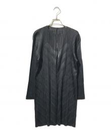 PLEATS PLEASE（プリーツプリーズ）の古着「斜めストライププリ-ツロングカーディガン」｜ブラック