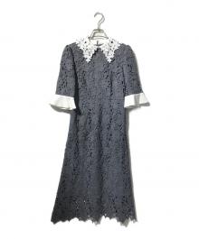 LeJa（レジャ）の古着「花柄レースカラースパンコールAラインワンピースドレス/ビックカラーワンピースドレス」｜グレー