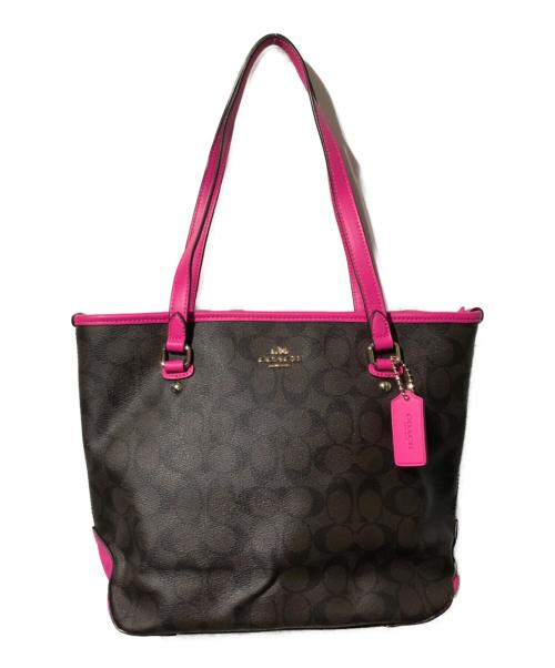 COACH（コーチ）COACH (コーチ) シグネチャートートバッグ ブラウン×ピンクの古着・服飾アイテム