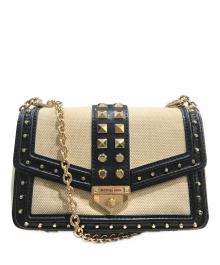 MICHAEL KORS（マイケルコース）の古着「SoHo スモール スタッズド レザー＆キャンバス ショルダーバッグ」｜ブラック×ベージュ