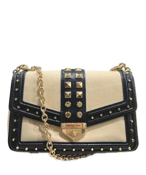 MICHAEL KORS（マイケルコース）MICHAEL KORS (マイケルコース) SoHo スモール スタッズド レザー＆キャンバス ショルダーバッグ ブラック×ベージュの古着・服飾アイテム