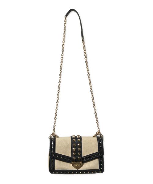 MICHAEL KORS（マイケルコース）MICHAEL KORS (マイケルコース) SoHo スモール スタッズド レザー＆キャンバス ショルダーバッグ ブラック×ベージュの古着・服飾アイテム