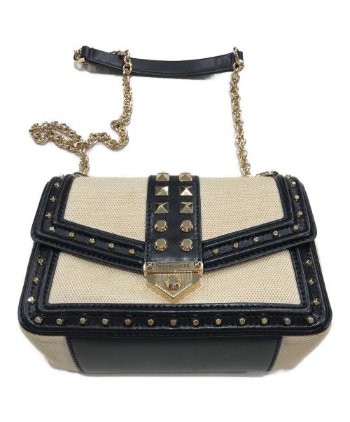 MICHAEL KORS（マイケルコース）MICHAEL KORS (マイケルコース) SoHo スモール スタッズド レザー＆キャンバス ショルダーバッグ ブラック×ベージュの古着・服飾アイテム