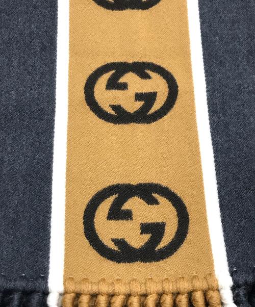 GUCCI（グッチ）GUCCI (グッチ) インターロッキングGフリンジマフラー ブラウン×グレーの古着・服飾アイテム