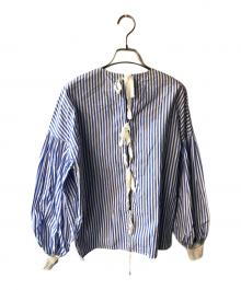 MUVEIL（ミュベール）の古着「リボンデザインギャザースリーブブラウス」｜ブルー×ホワイト