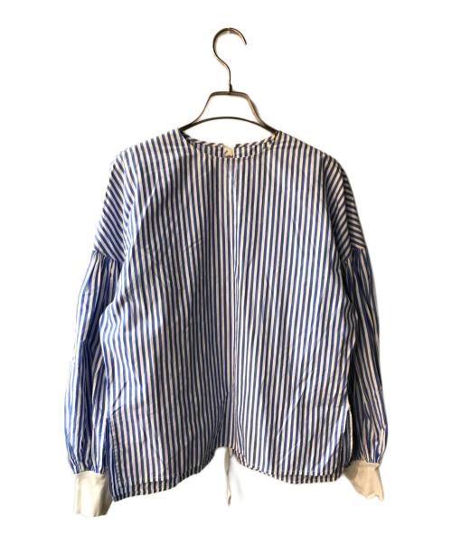 MUVEIL（ミュベール）MUVEIL (ミュベール) リボンデザインギャザースリーブブラウス ブルー×ホワイト サイズ:36の古着・服飾アイテム