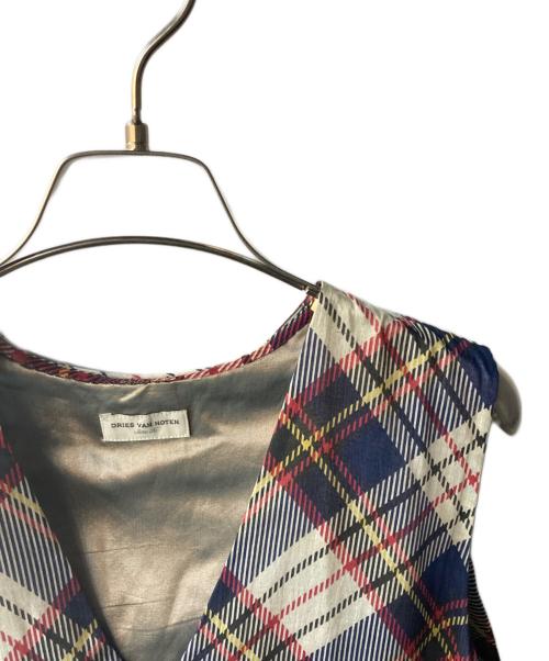 DRIES VAN NOTEN（ドリスヴァンノッテン）DRIES VAN NOTEN (ドリスヴァンノッテン) Vネックマドラスチェックワンピース ネイビー×レッド サイズ:36の古着・服飾アイテム