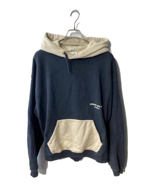STONE ISLAND（ストーンアイランド）STONE ISLAND (ストーンアイランド) MARINA コットンスウェットバイカラーフーディ ネイビー×ベージュ サイズ:Lの古着・服飾アイテム