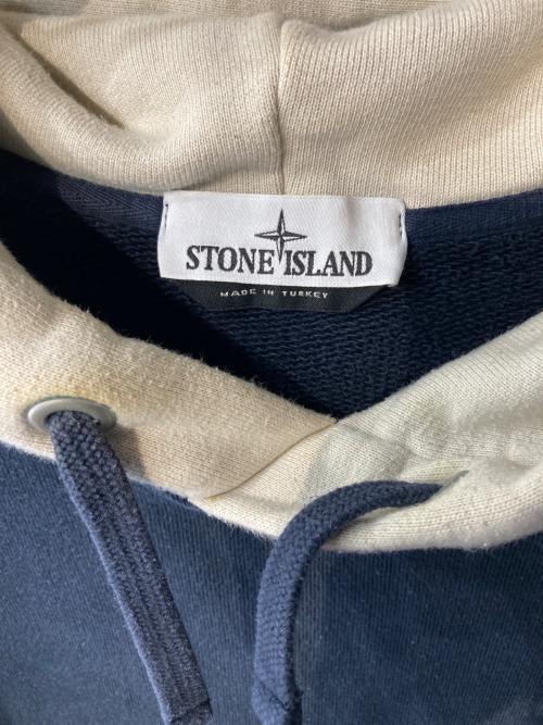STONE ISLAND（ストーンアイランド）STONE ISLAND (ストーンアイランド) MARINA コットンスウェットバイカラーフーディ ネイビー×ベージュ サイズ:Lの古着・服飾アイテム