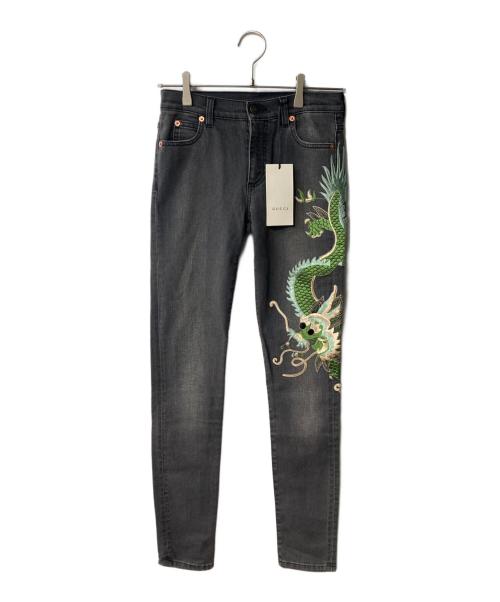 GUCCI（グッチ）GUCCI (グッチ) ドラゴン刺繍ストレッチスキニースリムデニム グレー サイズ:22の古着・服飾アイテム