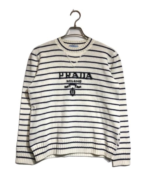 PRADA（プラダ）PRADA (プラダ) カシミヤボーダーロゴニット ホワイト サイズ:38の古着・服飾アイテム