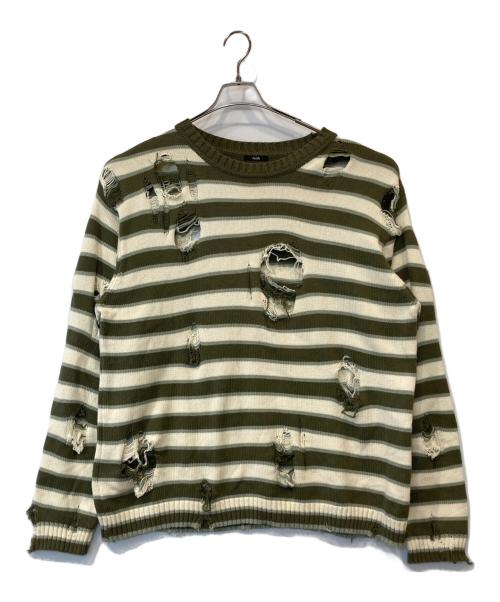 FAITH（フェイス）FAITH (フェイス) クラッシュドボーダーニット　FA8549 グリーン×ベージュ サイズ:FREEの古着・服飾アイテム
