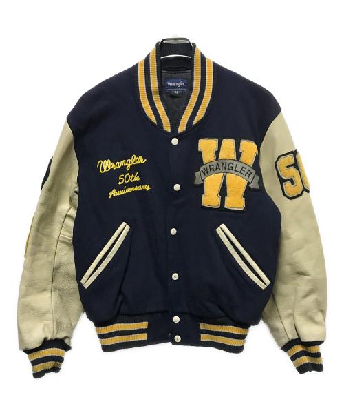 Wrangler（ラングラー）Wrangler (ラングラー) 袖レザーワッペンスタジャン ネイビー×ベージュ サイズ:Mの古着・服飾アイテム