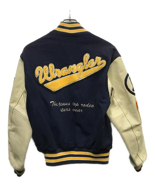 Wrangler（ラングラー）Wrangler (ラングラー) 袖レザーワッペンスタジャン ネイビー×ベージュ サイズ:Mの古着・服飾アイテム