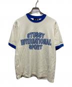 stussyステューシー）の古着「INTERNATIONAL SPORT リンガーTシャツ」｜ホワイト×ブルー