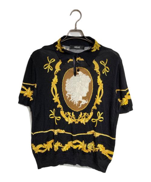 VERSACE（ヴェルサーチェ）VERSACE (ヴェルサーチェ) ニット シルク ポロ シャツ コーラル シアター ブラック サイズ:52の古着・服飾アイテム