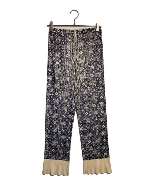 PLEATS PLEASE（プリーツプリーズ）PLEATS PLEASE (プリーツプリーズ) 総柄プリーツパンツ ブルー×ベージュ サイズ:４の古着・服飾アイテム