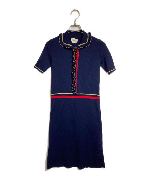 GUCCI（グッチ）GUCCI (グッチ) パール釦ニットワンピース/半袖 ネイビー サイズ:12の古着・服飾アイテム