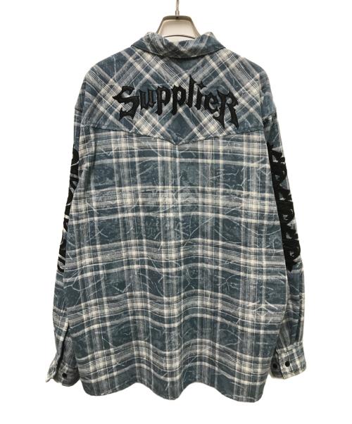 SUPPLIER（サプライヤー）SUPPLIER (サプライヤー) レザーロゴチェックシャツ ブルー サイズ:ＸＬの古着・服飾アイテム