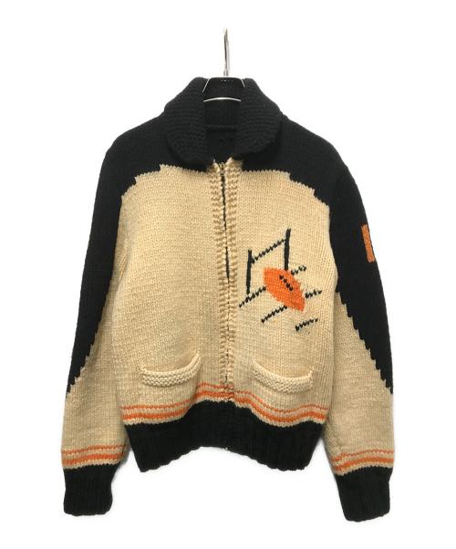 USED（）USED (ユーズド) アメフトカウチンニットカーディガン ベージュ×ブラック サイズ:-の古着・服飾アイテム